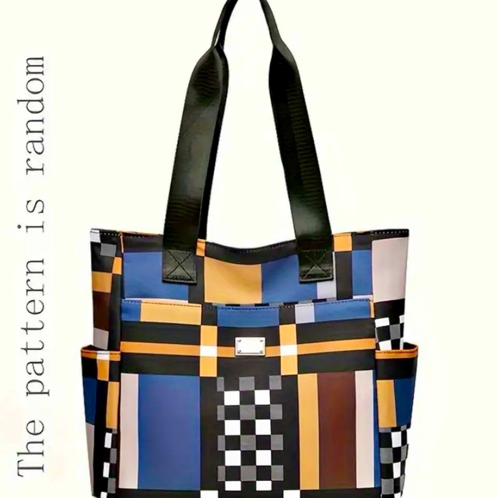 NWOT-Trendy Checkered Colorblock Tote Bag-Large Capacity Handbag, 11”x 12”x 6” - Picture 3 of 5